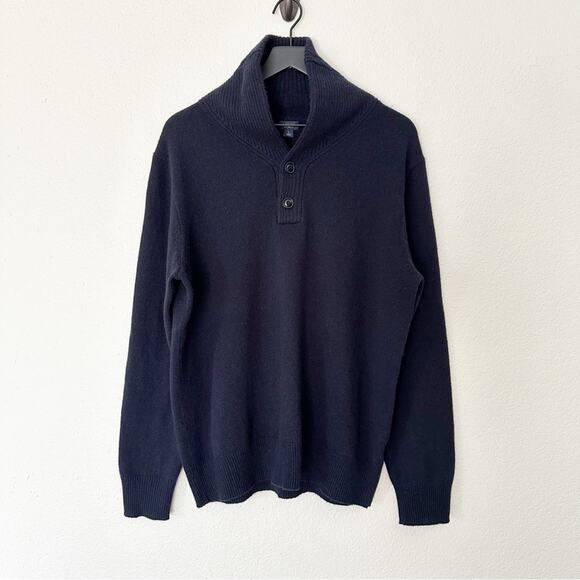 J. Crew Sweater Mens 100% Lambs Wool‎ Button Cowl Neck Navy Cozy Casual Large - Picture 1 of 7